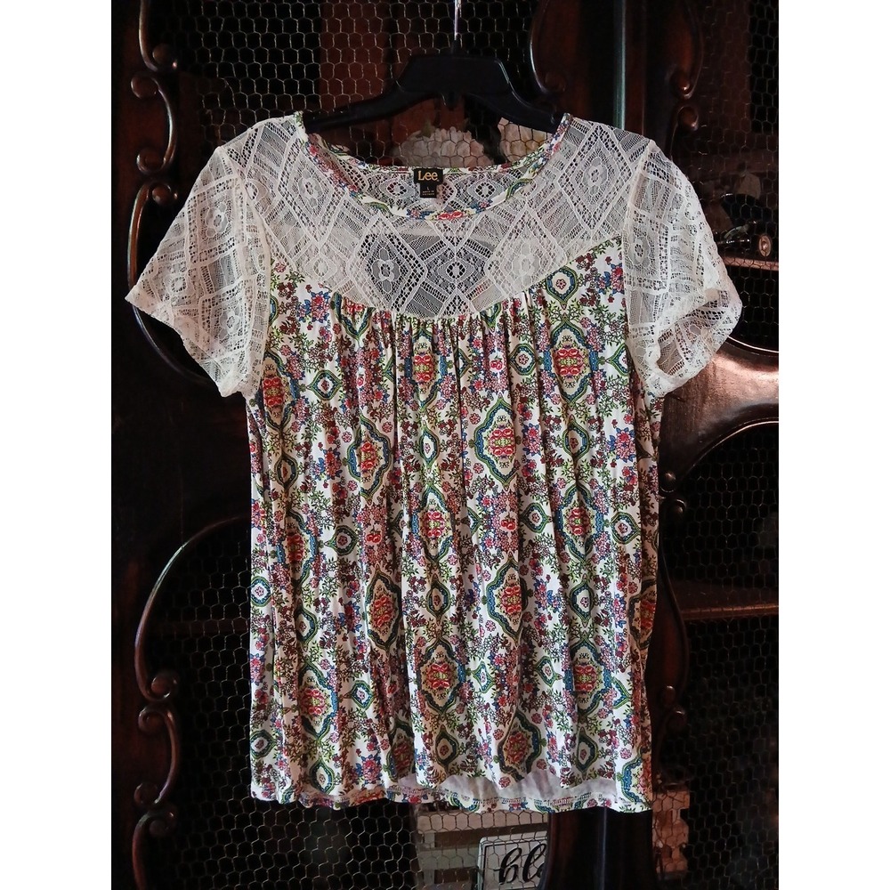 Lee Vintage Floral Blouse White Lace Top Keyhole Back Short Sleeve Large